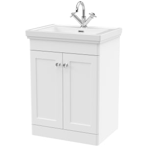 Classique Satin White Floor Standing 2-Door Vanity & Basin 1 Tap Hole - 865 x 630mm